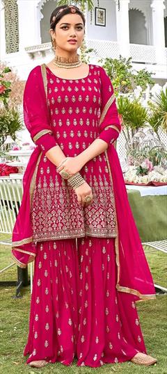 Festive, Party Wear Pink and Majenta color Salwar Kameez in Georgette fabric with Sharara Embroidered, Lace work : 1753223