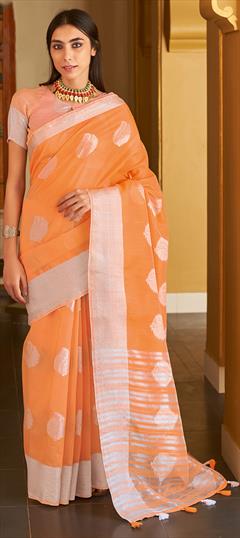 Traditional Orange color Saree in Linen fabric with Bengali Weaving work : 1753713