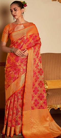 Traditional Red and Maroon color Saree in Patola Silk, Silk fabric with South Weaving work : 1753736