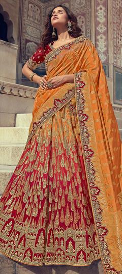 Bridal, Traditional, Wedding Orange, Red and Maroon color Lehenga in Silk fabric with A Line Border, Embroidered, Resham, Stone, Thread, Zari work : 1753947