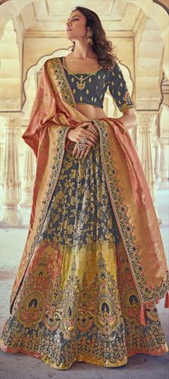 Bridal, Traditional, Wedding Black and Grey color Lehenga in Silk fabric with A Line Border, Embroidered, Resham, Stone, Thread, Zari work : 1753949