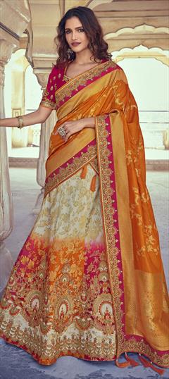 Bridal, Festive, Wedding Beige and Brown, Pink and Majenta color Lehenga in Silk fabric with A Line Border, Embroidered, Resham, Stone, Thread, Zari work : 1753951
