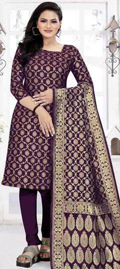 Traditional Purple and Violet color Salwar Kameez in Banarasi Silk fabric with Churidar, Straight Weaving work : 1754061
