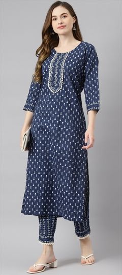 Casual Blue color Salwar Kameez in Cotton fabric with Lace, Printed work : 1754173
