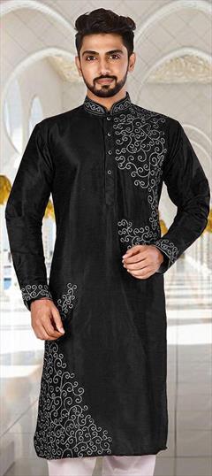 Black and Grey color Kurta in Dupion Silk fabric with Aari, Embroidered work : 1754205