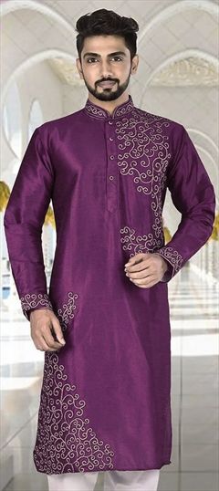 Purple and Violet color Kurta in Dupion Silk fabric with Aari, Embroidered work : 1754206