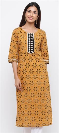 Casual Yellow color Kurti in Cotton fabric with Long Sleeve, Straight Embroidered work : 1754450
