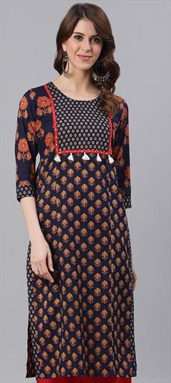 Casual Blue color Kurti in Cotton fabric with Long Sleeve, Straight Printed, Thread work : 1754455