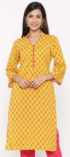 Casual Yellow color Kurti in Cotton fabric with Long Sleeve, Straight Printed work : 1754462
