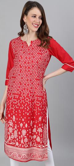Casual Red and Maroon color Kurti in Blended Cotton fabric with Long Sleeve, Straight Printed work : 1754464