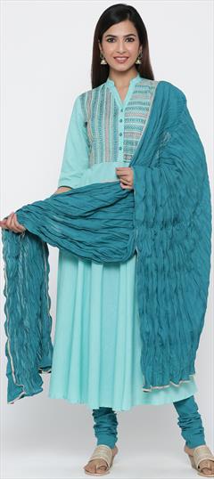 Party Wear Blue color Salwar Kameez in Blended Cotton fabric with Anarkali Printed work : 1754506