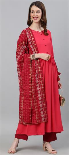 Party Wear Red and Maroon color Salwar Kameez in Rayon fabric with Palazzo Floral, Printed work : 1754509