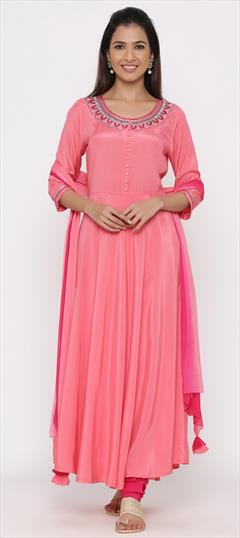 Party Wear Pink and Majenta color Salwar Kameez in Crepe Silk fabric with Anarkali Embroidered, Thread work : 1754518