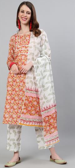 Party Wear Yellow color Salwar Kameez in Cotton fabric with Straight Printed work : 1754525
