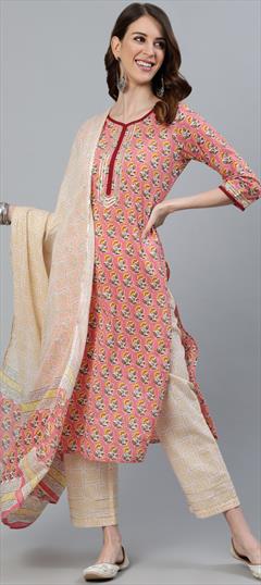 Party Wear Pink and Majenta color Salwar Kameez in Cotton fabric with Straight Printed work : 1754527