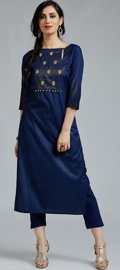 Casual Blue color Tunic with Bottom in Tussar Silk fabric with Printed work : 1754557
