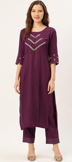 Casual Purple and Violet color Tunic with Bottom in Rayon fabric with Embroidered work : 1754699