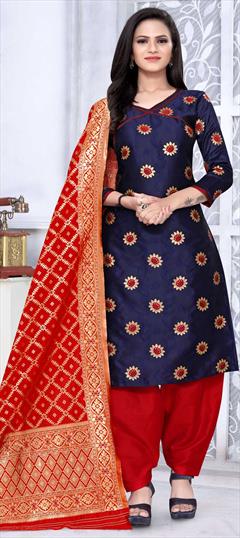 Festive, Party Wear Blue color Salwar Kameez in Banarasi Silk fabric with Paithani Weaving work : 1754751
