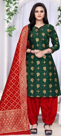 Festive, Party Wear Green color Salwar Kameez in Banarasi Silk fabric with Paithani Weaving work : 1754752