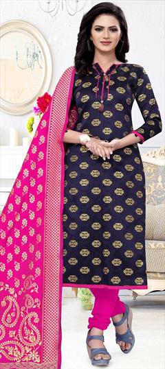 Casual Blue color Salwar Kameez in Banarasi Silk, Silk fabric with Churidar, Straight Weaving work : 1754760
