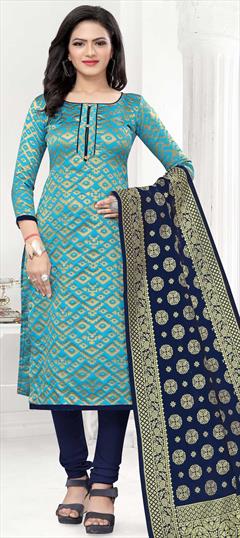 Casual Blue color Salwar Kameez in Banarasi Silk, Silk fabric with Churidar, Straight Weaving work : 1754764