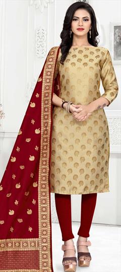 Casual Beige and Brown color Salwar Kameez in Banarasi Silk fabric with Straight Weaving work : 1754826