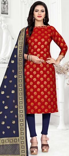 Casual Red and Maroon color Salwar Kameez in Banarasi Silk fabric with Straight Weaving work : 1754831