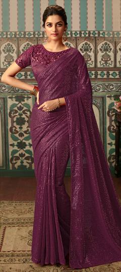 Festive, Party Wear Purple and Violet color Saree in Georgette fabric with Classic Sequence, Thread work : 1754860