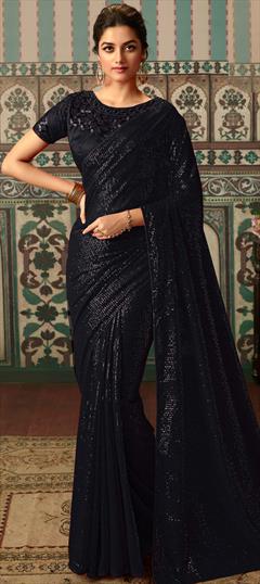 Festive, Party Wear Black and Grey color Saree in Georgette fabric with Classic Sequence, Thread work : 1754867