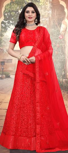 Festive, Mehendi Sangeet, Wedding Red and Maroon color Lehenga in Net fabric with Flared Embroidered, Sequence, Thread work : 1754890