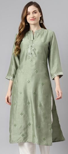 Festive, Party Wear Green color Kurti in Cotton fabric with Straight Embroidered, Sequence work : 1754973