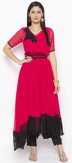 Festive, Party Wear Pink and Majenta color Tunic with Bottom in Georgette fabric with Patch work : 1755004