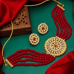 Red and Maroon, White and Off White color Necklace in Metal Alloy studded with Pearl & Gold Rodium Polish : 1755150