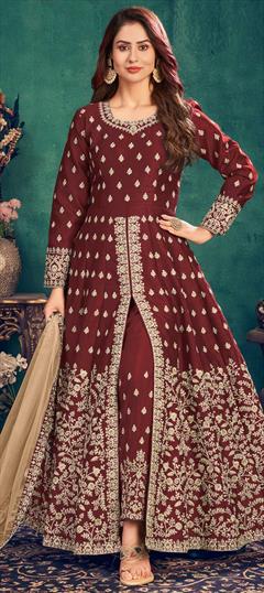 Festive, Party Wear Red and Maroon color Salwar Kameez in Art Silk fabric with Slits Embroidered, Thread, Zari work : 1755517