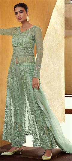 Festive, Party Wear Green color Salwar Kameez in Net fabric with Slits Embroidered, Stone, Swarovski, Thread work : 1755763
