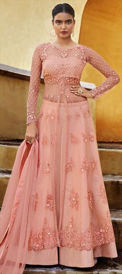 Festive, Party Wear Pink and Majenta color Long Lehenga Choli in Net fabric with Embroidered, Stone, Swarovski, Thread work : 1755768