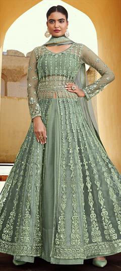 Festive, Party Wear Green color Long Lehenga Choli in Net fabric with Embroidered, Stone, Swarovski, Thread work : 1755769