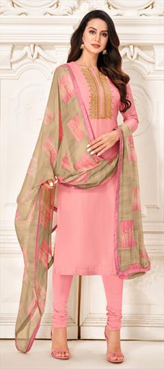 Casual Pink and Majenta color Salwar Kameez in Cotton fabric with Churidar, Straight Embroidered, Thread work : 1756289