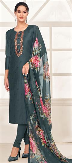 Casual Black and Grey color Salwar Kameez in Cotton fabric with Churidar, Straight Embroidered, Thread work : 1756294
