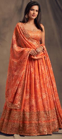 Engagement, Festive, Wedding Orange color Lehenga in Organza Silk fabric with Flared Embroidered, Floral, Printed, Sequence, Zari work : 1756297
