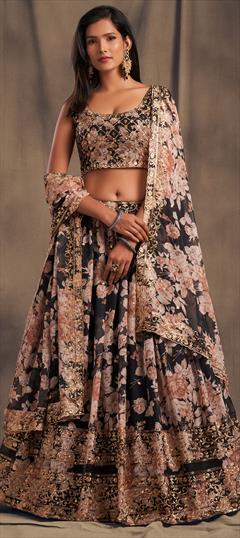 Engagement, Festive, Wedding Black and Grey color Lehenga in Organza Silk, Silk fabric with A Line Embroidered, Floral, Printed, Sequence, Zari work : 1756298