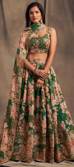 Engagement, Festive, Wedding Green color Lehenga in Organza Silk fabric with A Line Embroidered, Floral, Printed, Sequence, Stone, Zari work : 1756300
