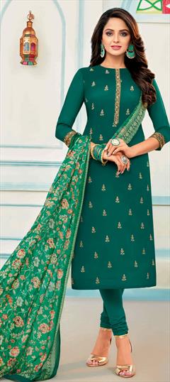Festive, Party Wear Green color Salwar Kameez in Cotton fabric with Churidar Embroidered, Resham, Thread, Zari work : 1756332