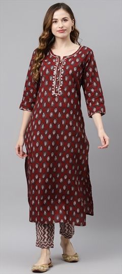 Casual Red and Maroon color Salwar Kameez in Cotton fabric with Printed, Zari work : 1756392