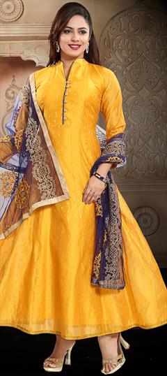 Party Wear, Reception Yellow color Salwar Kameez in Chanderi Silk fabric with Anarkali Weaving work : 1756510