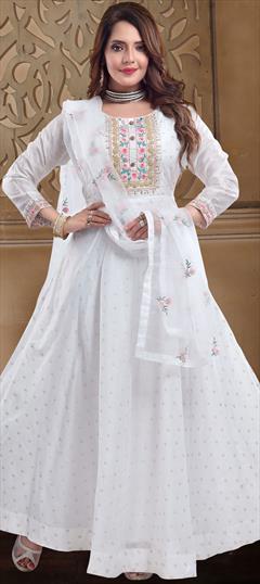 Party Wear, Reception White and Off White color Salwar Kameez in Chanderi Silk fabric with A Line Embroidered, Resham, Thread work : 1756517