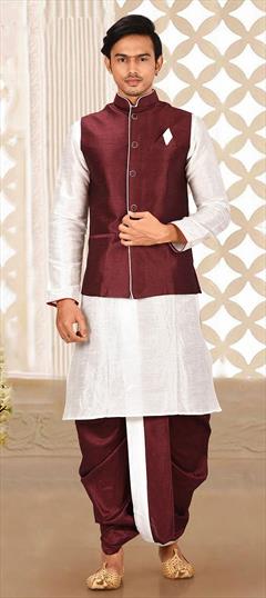 White and Off White color Dhoti Kurta with Jacket in Art Dupion Silk fabric with Thread work : 1756704