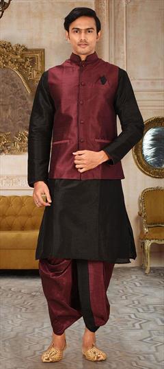 Black and Grey color Dhoti Kurta with Jacket in Art Dupion Silk fabric with Thread work : 1756715