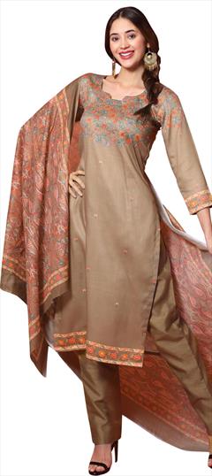 Casual, Party Wear Beige and Brown color Salwar Kameez in Cotton fabric with Straight Digital Print, Floral work : 1756795