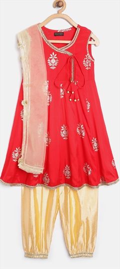 Beige and Brown, Red and Maroon color Kids Salwar in Satin Silk fabric with Foil Print, Gota Patti work : 1756978